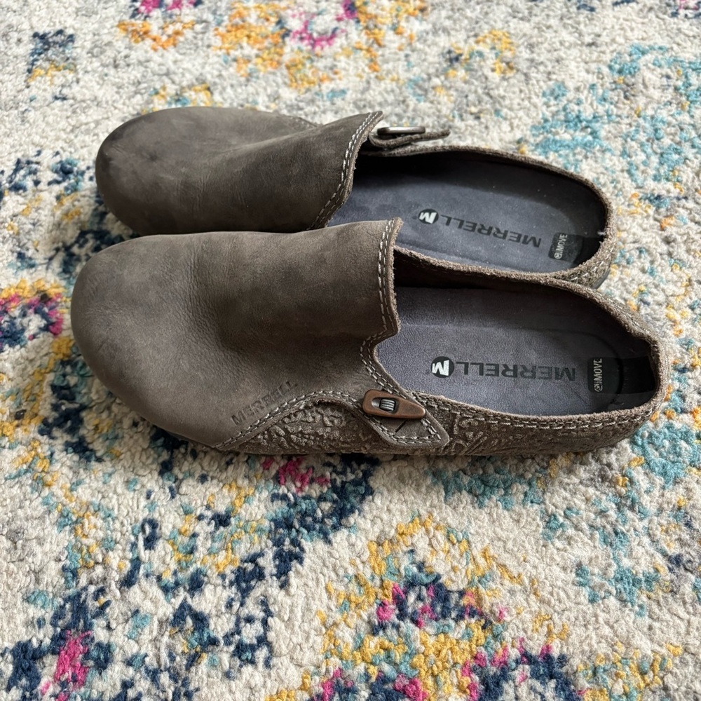 Merrell women’s size 7 Haven Brown Slide Slip on Mules Shoes Clogs Leather
